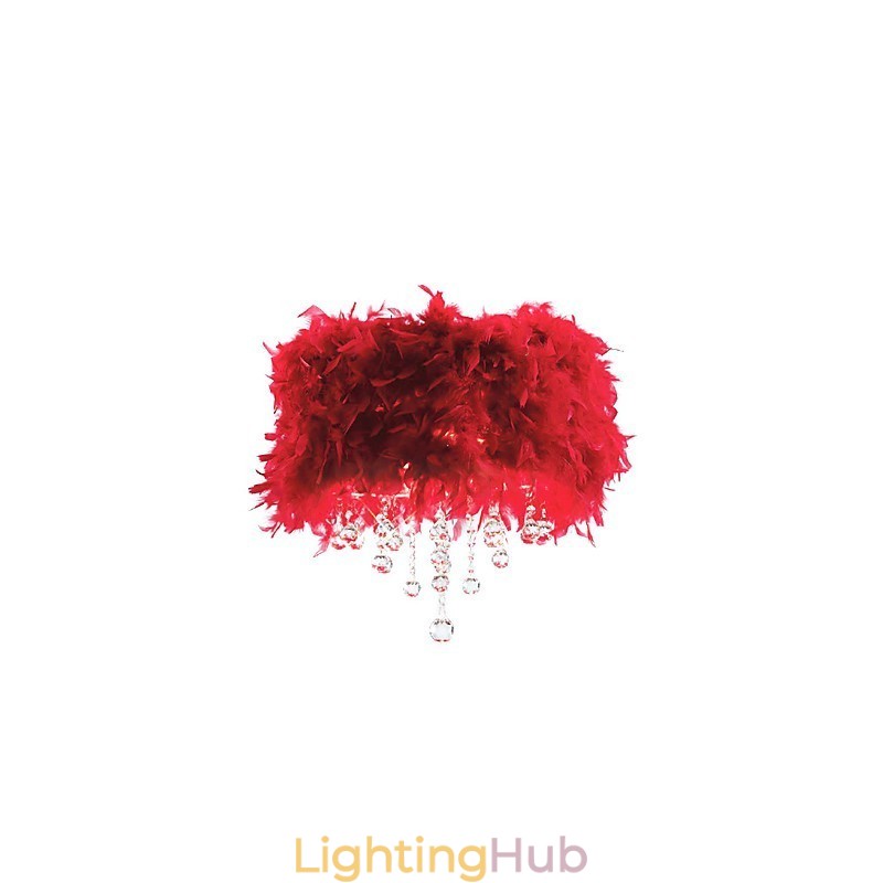 Crystal Pendant Light with 3 Lights in Red Feather Shade