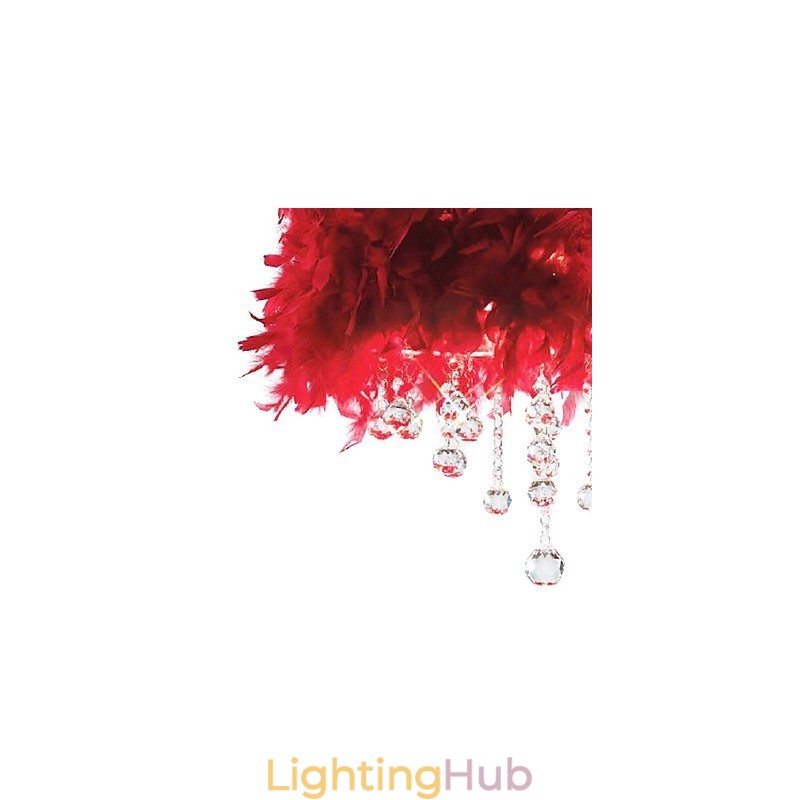 Crystal Pendant Light with 3 Lights in Red Feather Shade
