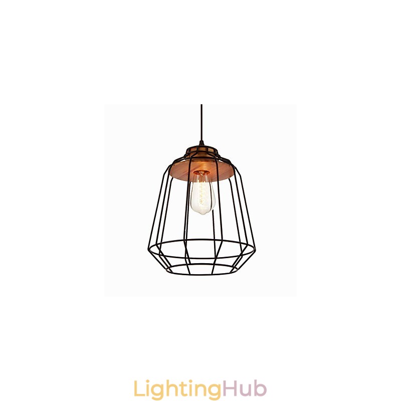 Iron Painting Pendant Light with Wooden Center Iron Cage Lighting Lamp