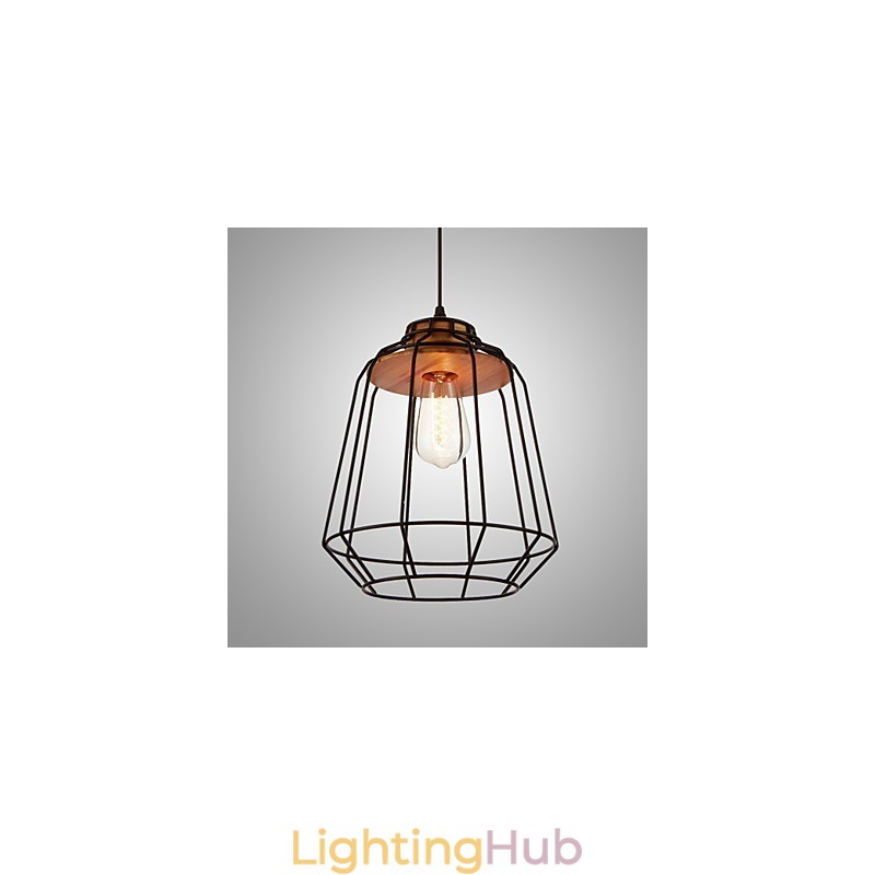 Iron Painting Pendant Light with Wooden Center Iron Cage Lighting Lamp
