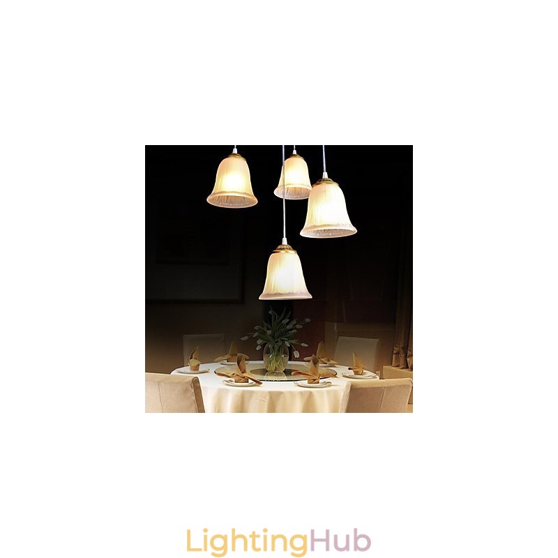 Bronze Pendant Four Lights Pattern Glass Shade European Retro Classic