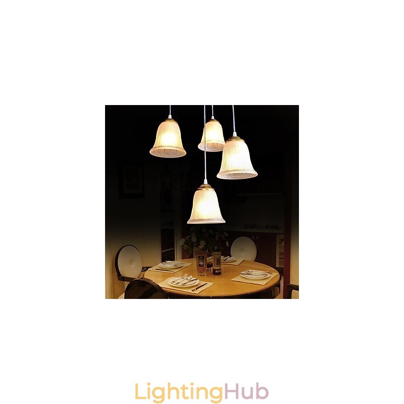 Bronze Pendant Four Lights Pattern Glass Shade European Retro Classic