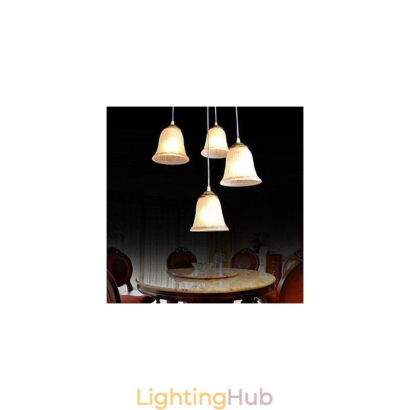 Bronze Pendant Four Lights Pattern Glass Shade European Retro Classic