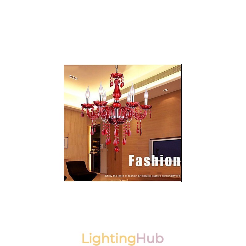 Chandelier Red Crystal Luxury Modern 6 Lights