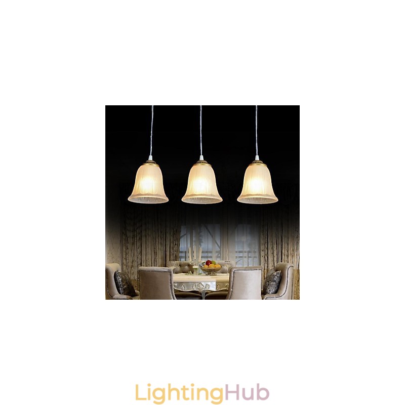 Bronze Pendant Three Lights Pattern Glass Shade European Retro Classic