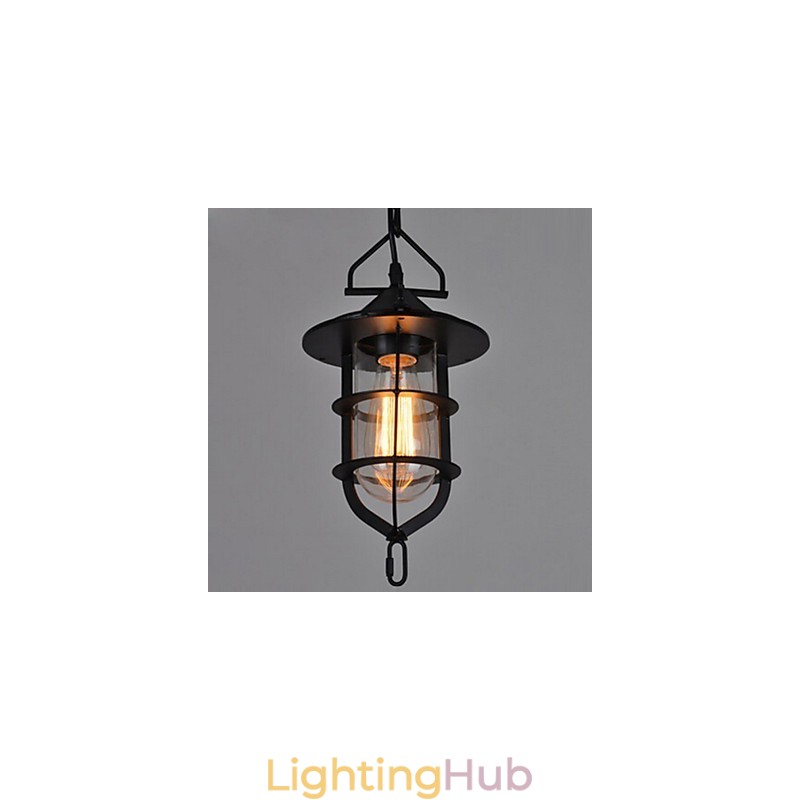 Medium Vintage Black Cage Shape Glass And Metal Cover Pendant Light