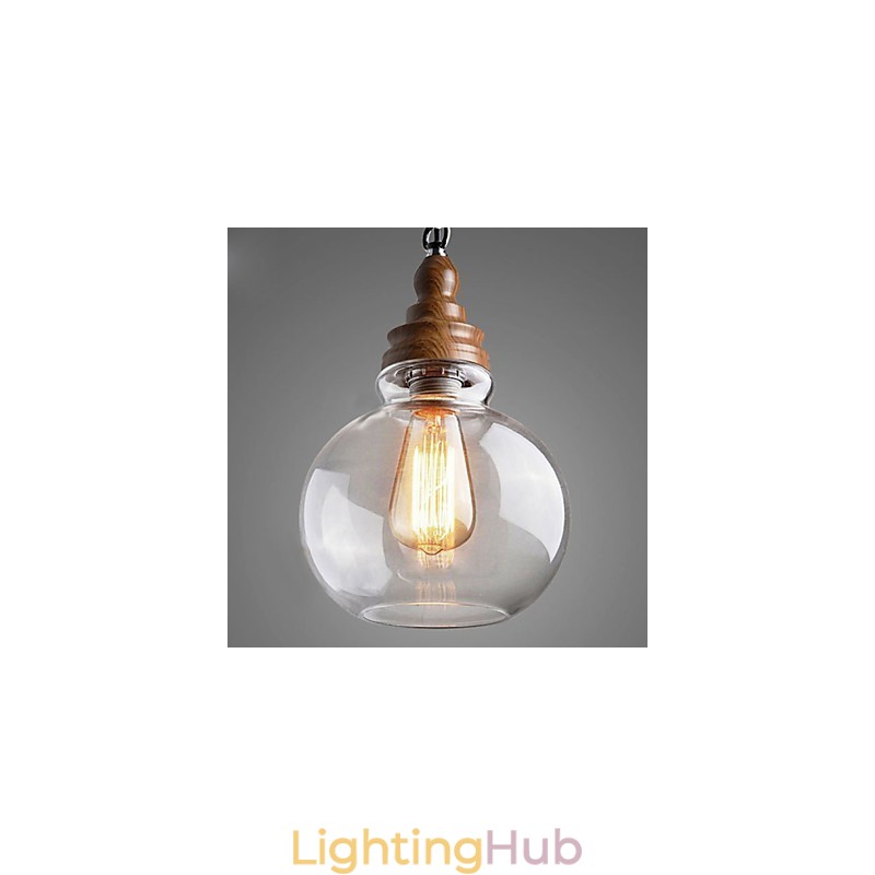 Vintage Wooden Round Crystal Ball Pendant Light (Dia 19cm)