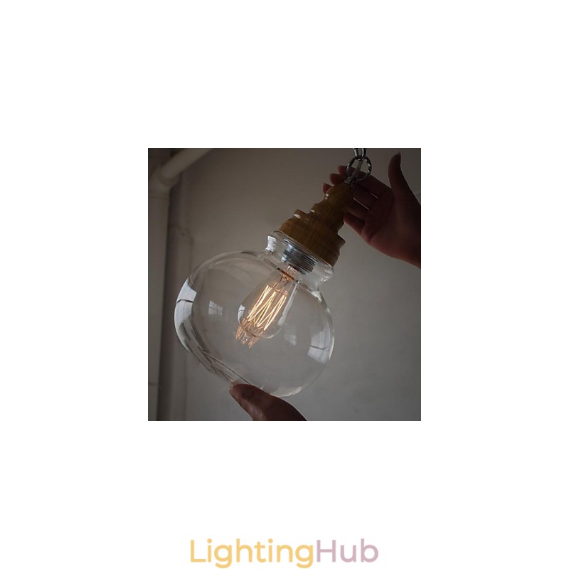 Vintage Wooden Round Crystal Ball Pendant Light (Dia 19cm)