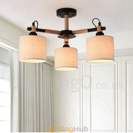 Modern Contemporary 3 Light Single Tier Wood Chandelier with Drum Fabric Shade & Modern Contemporary 3 Light Single Tier Wood Chandelier with Drum Fabric Shade &
