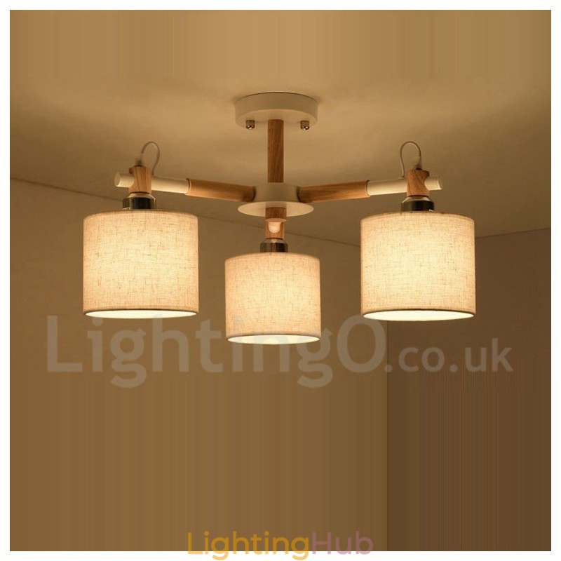 Modern Contemporary 3 Light Single Tier Wood Chandelier with Drum Fabric Shade &