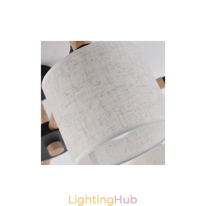 Modern Contemporary 3 Light Single Tier Wood Chandelier with Drum Fabric Shade &