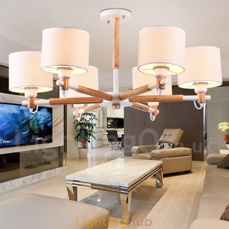 Modern Contemporary 6 Light Single Tier Wood Chandelier with Drum Fabric (Black White) Modern Contemporary 6 Light Single Tier Wood Chandelier with Drum Fabric (Black White)