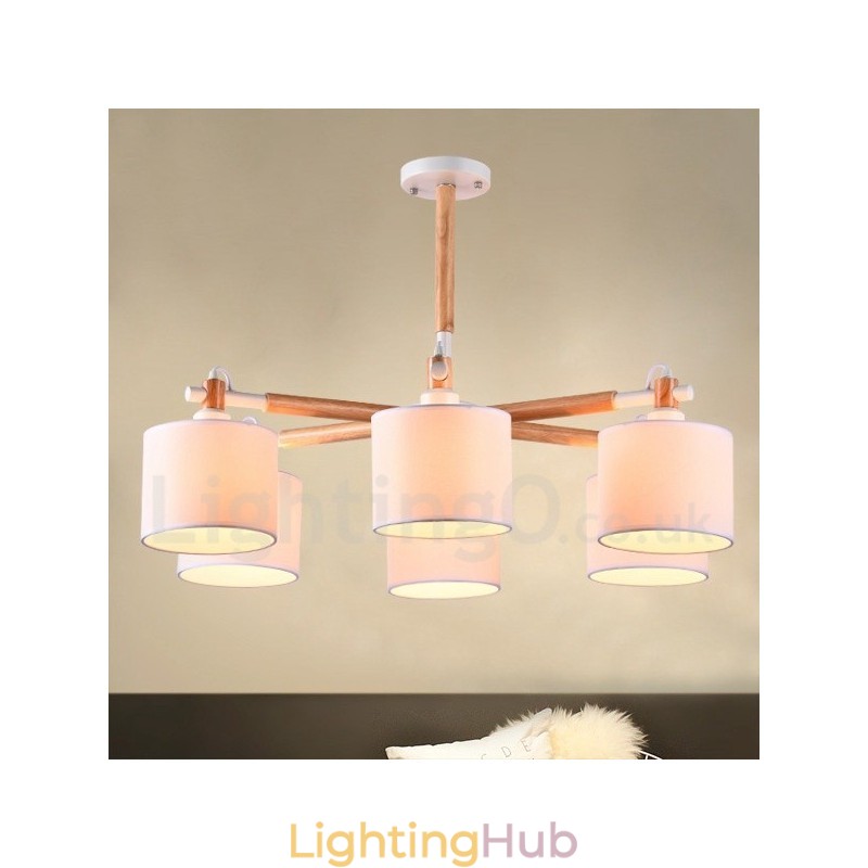 Modern Contemporary 6 Light Single Tier Wood Chandelier with Drum Fabric (Black White)