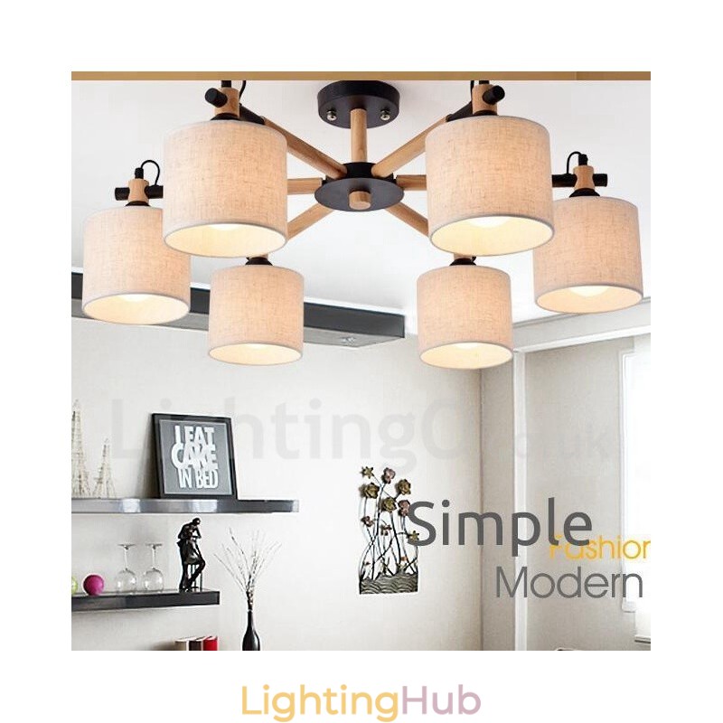 Modern Contemporary 6 Light Single Tier Wood Chandelier with Drum Fabric (Black White)
