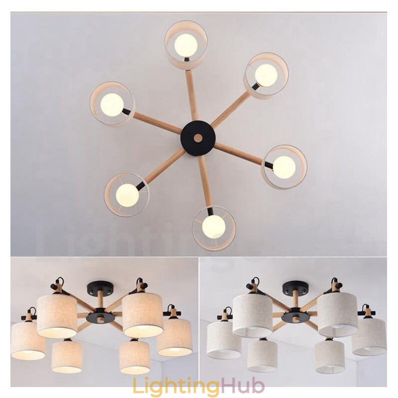 Modern Contemporary 6 Light Single Tier Wood Chandelier with Drum Fabric (Black White)