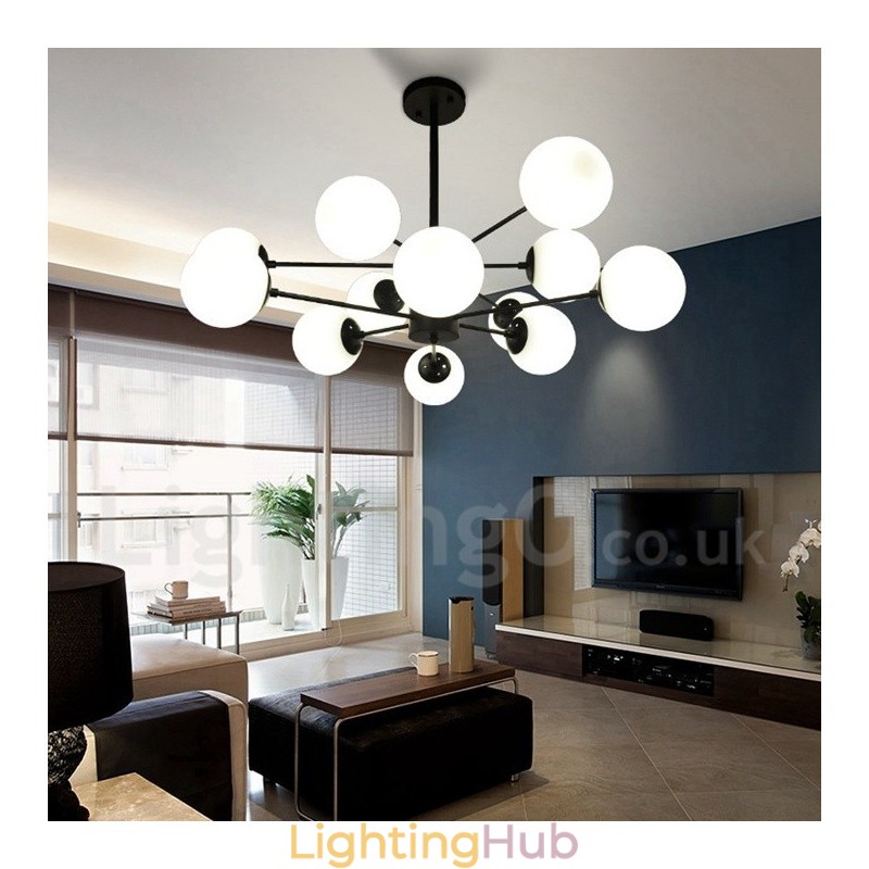 Black 12 Light 2 Tier Metal Chandelier with Glass Shade Modern Contemporary Style