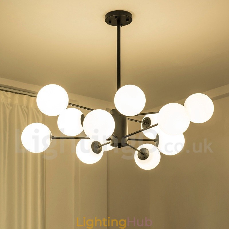 Black 12 Light 2 Tier Metal Chandelier with Glass Shade Modern Contemporary Style