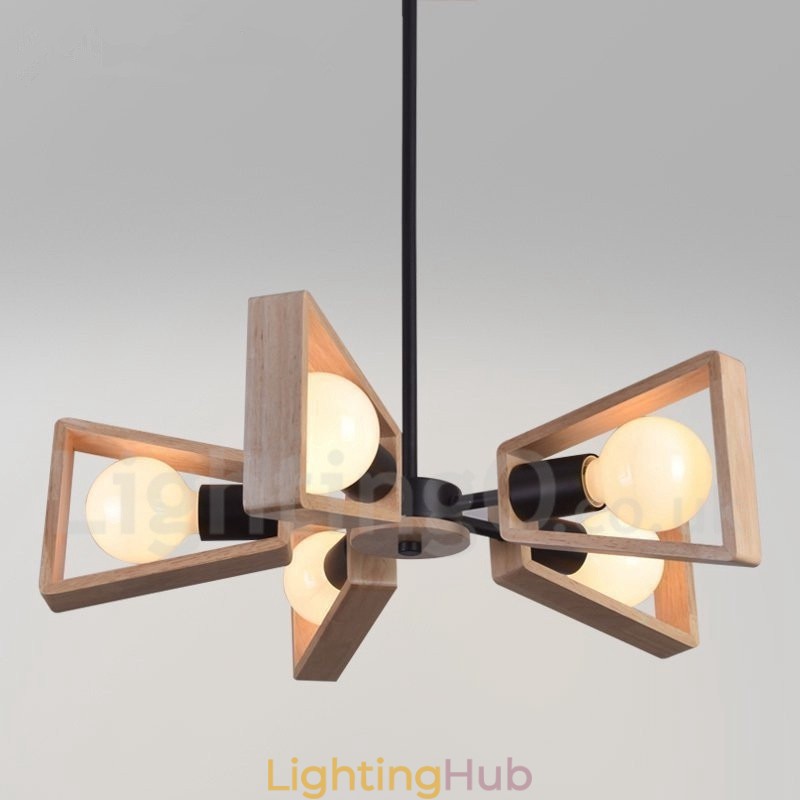 Wood Single Tier 5 Light Chandelier Lamp Modern Contemporary Style