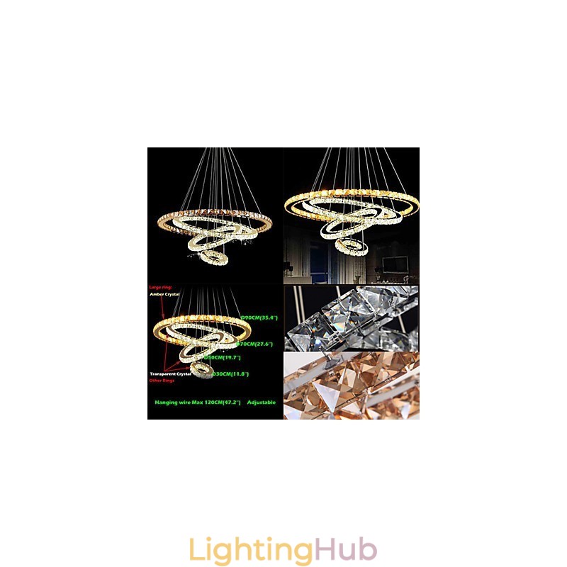 Modern Crystal Pendant Light Ceiling Chandelier Lamp with 4 Rings Large Ring Amber Crystal and Other Clear Crystal