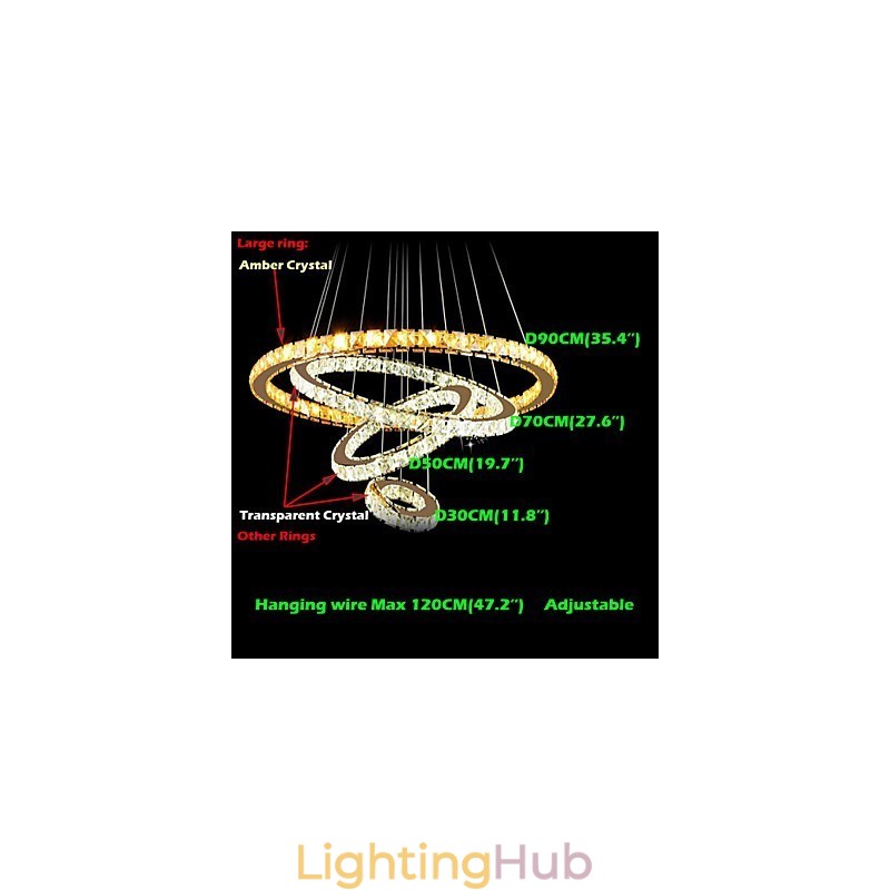Modern Crystal Pendant Light Ceiling Chandelier Lamp with 4 Rings Large Ring Amber Crystal and Other Clear Crystal