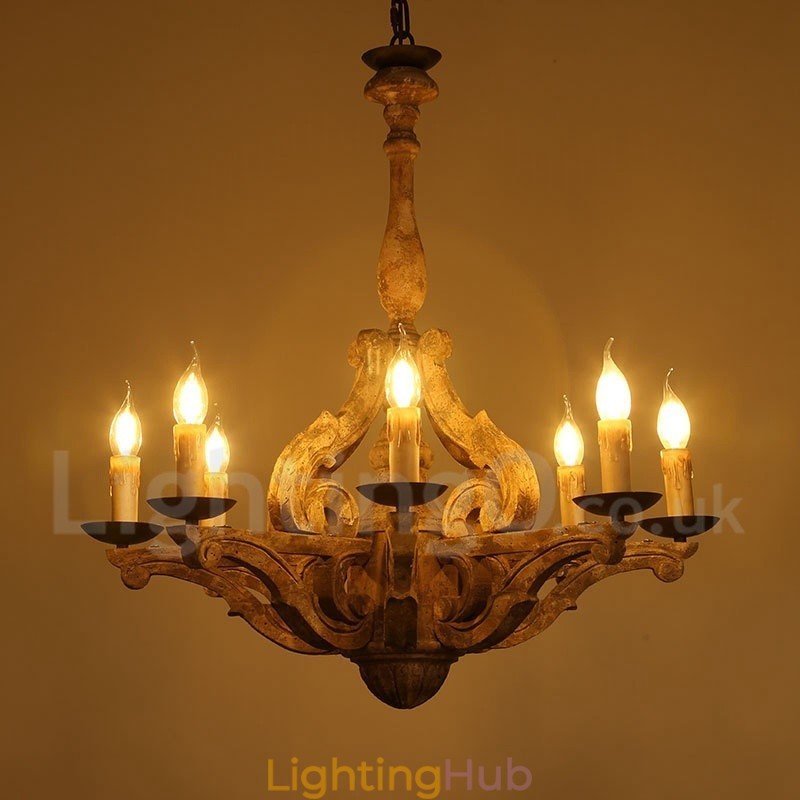 8 Light Vintage Retro Wooden Chandelier Lamp Light
