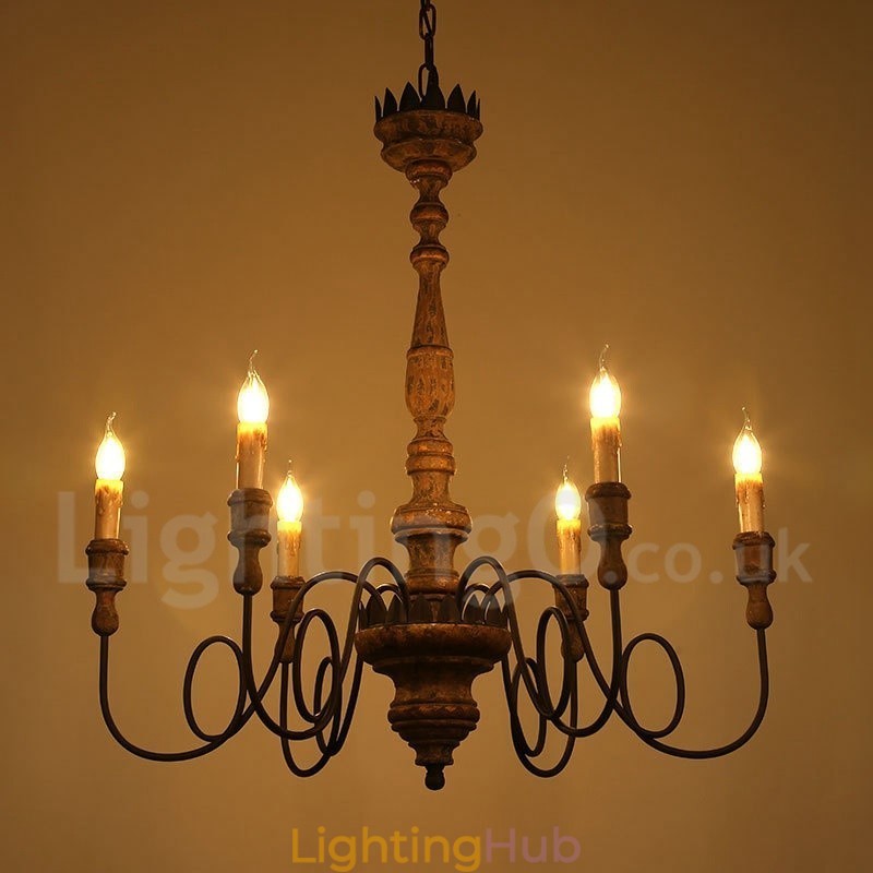 Country Vintage Wooden 6 Light Chandelier Light