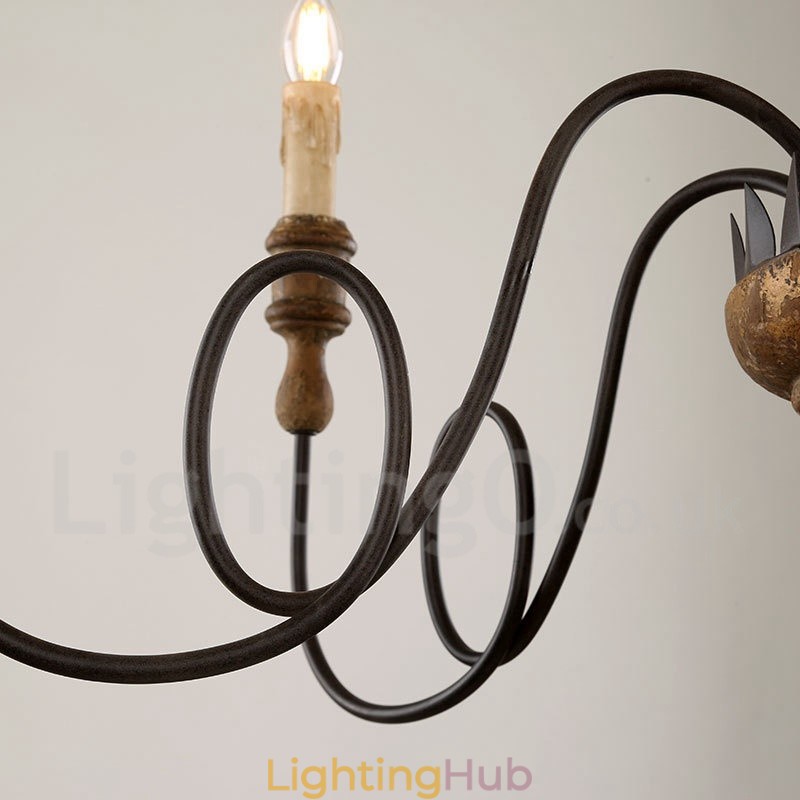 Country Vintage Wooden 6 Light Chandelier Light
