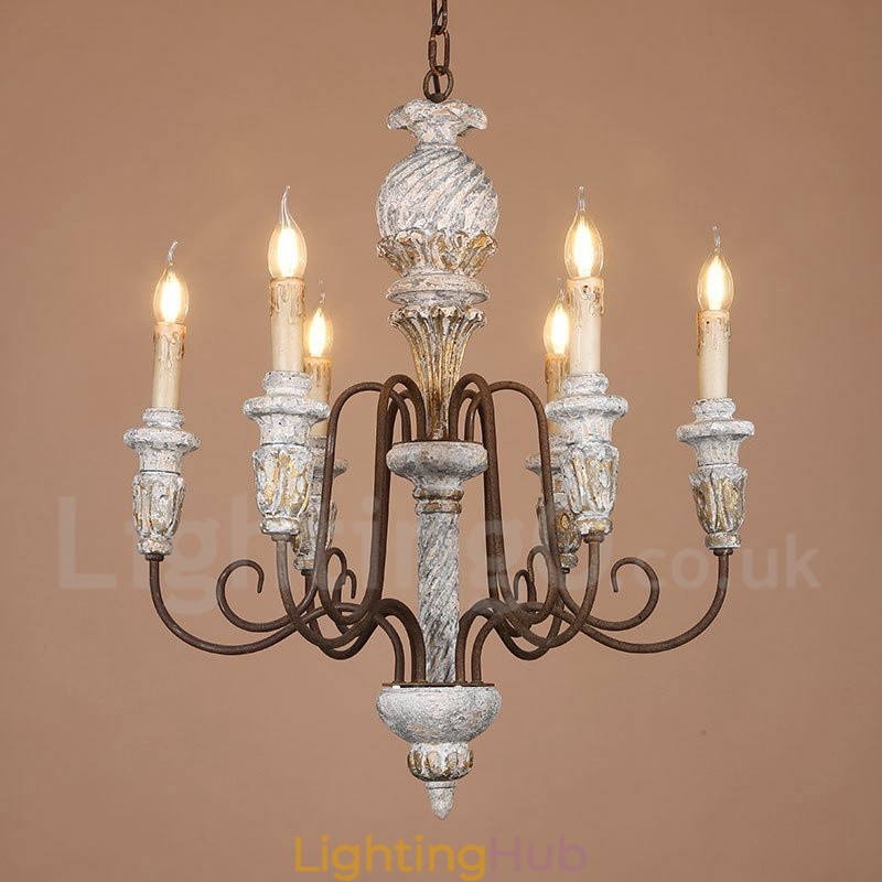 Country Vintage Wooden 6 Light Single Tier Chandelier for Light