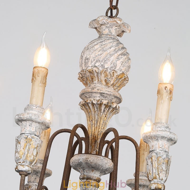 Country Vintage Wooden 6 Light Single Tier Chandelier for Light