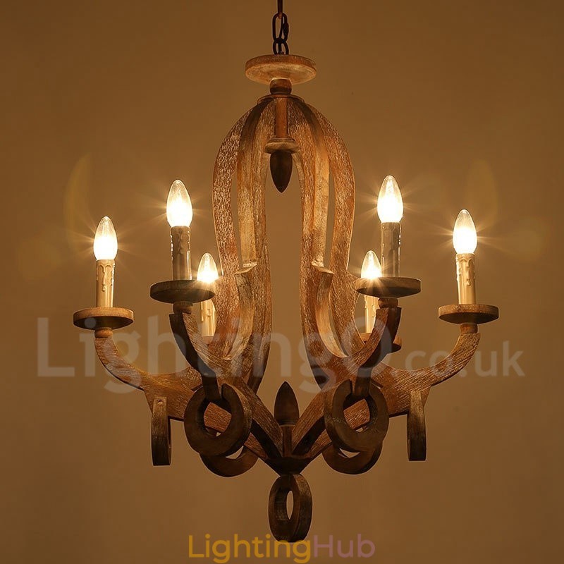 Country Wooden Vintage 6 Light Single Tier Chandelier Light Wood Lamp