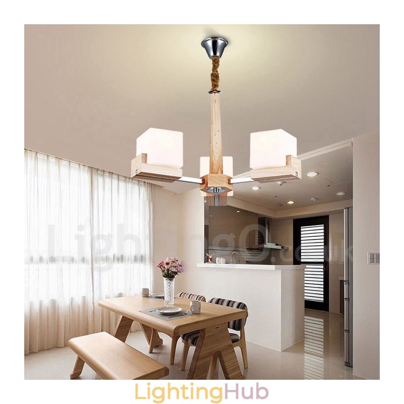 Wooden Modern Contemporary 3 Light Single Tier Chandelier Lamp
