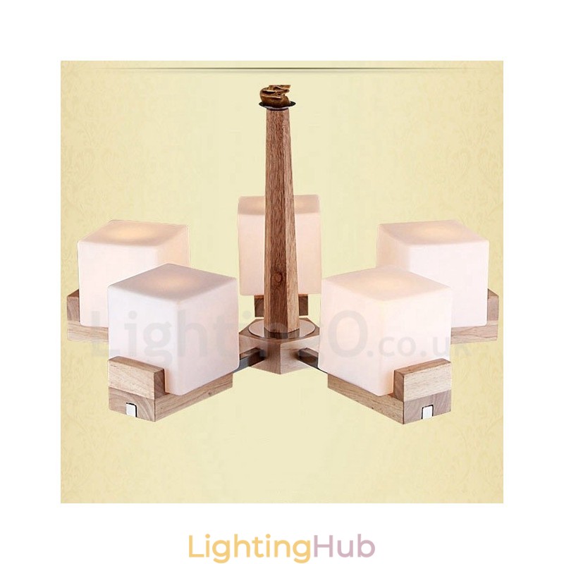 Wooden Modern Contemporary 5 Light Single Tier Chandelier Lamp