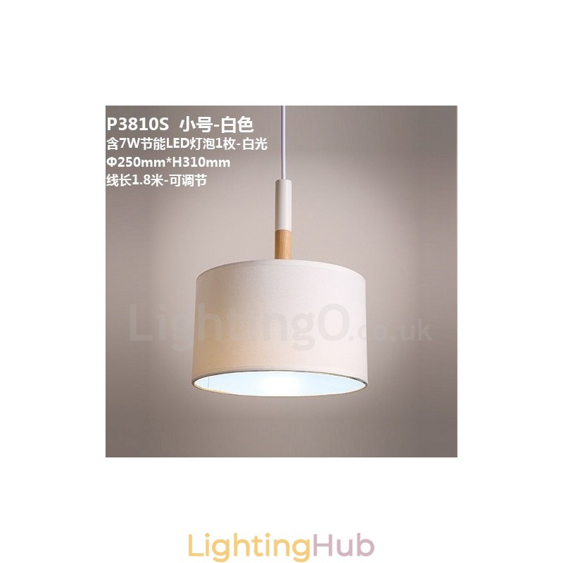 Modern Contemporary Wood Drum Pendant Light with Fabric Shade