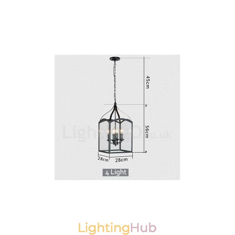 4 Light Black Metal Rustic Lodge Pendant Light with Glass Shade