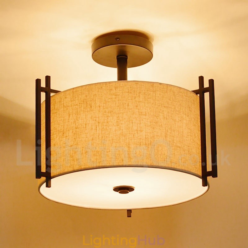 Rustic Lodge Metal Drum Pendant Light with Fabric Shade