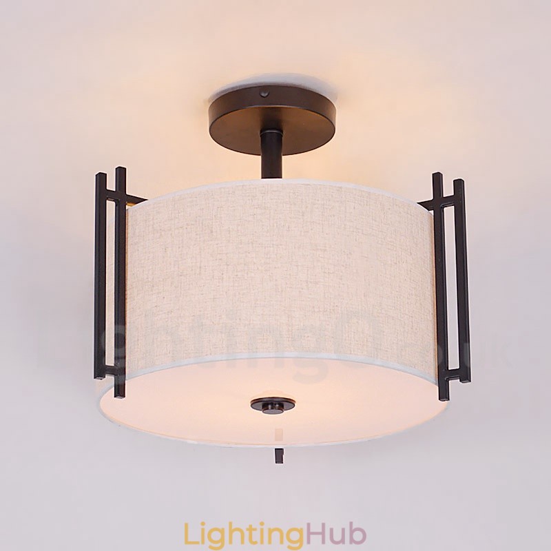 Rustic Lodge Metal Drum Pendant Light with Fabric Shade