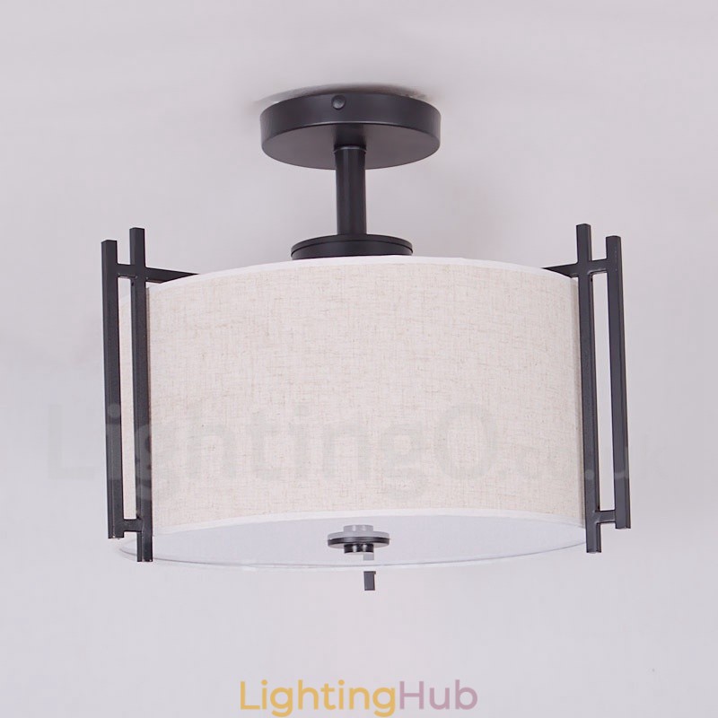 Rustic Lodge Metal Drum Pendant Light with Fabric Shade