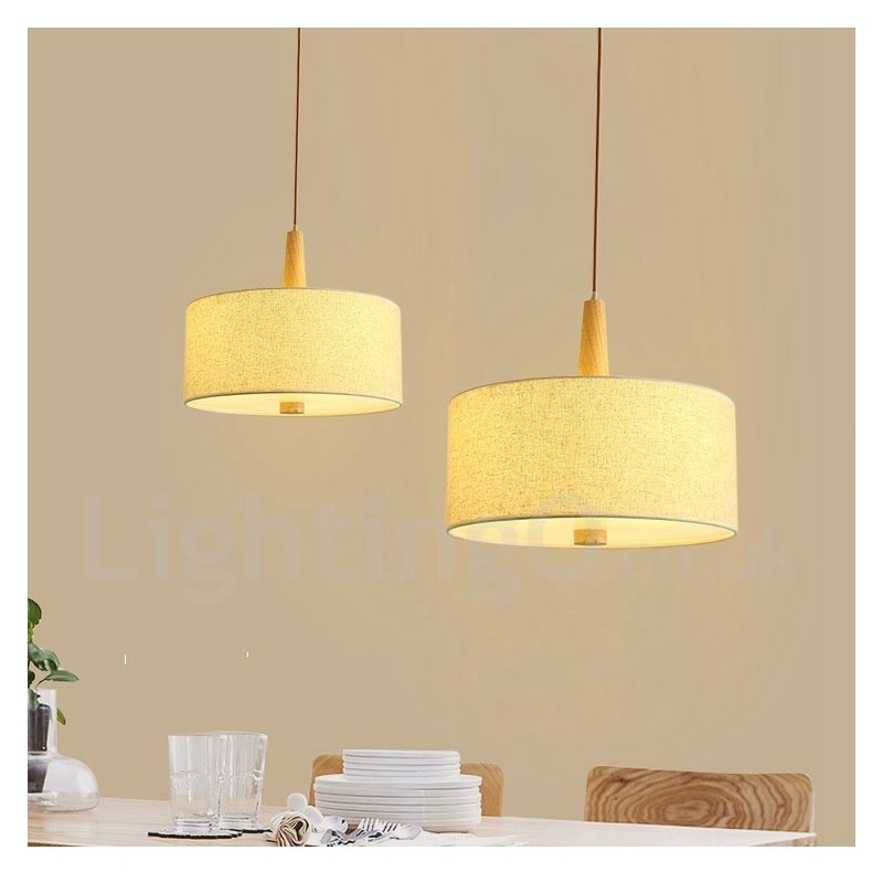Wooden Modern Contemporary Drum Pendant Light with Fabric Shade