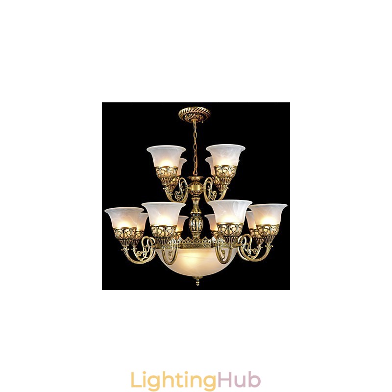 Bronze Chandelier Fifteen Lights Moire Glass European Retro Classic