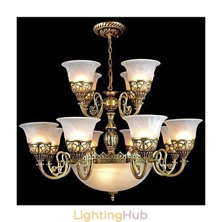 Bronze Chandelier Fifteen Lights Moire Glass European Retro Classic Bronze Chandelier Fifteen Lights Moire Glass European Retro Classic