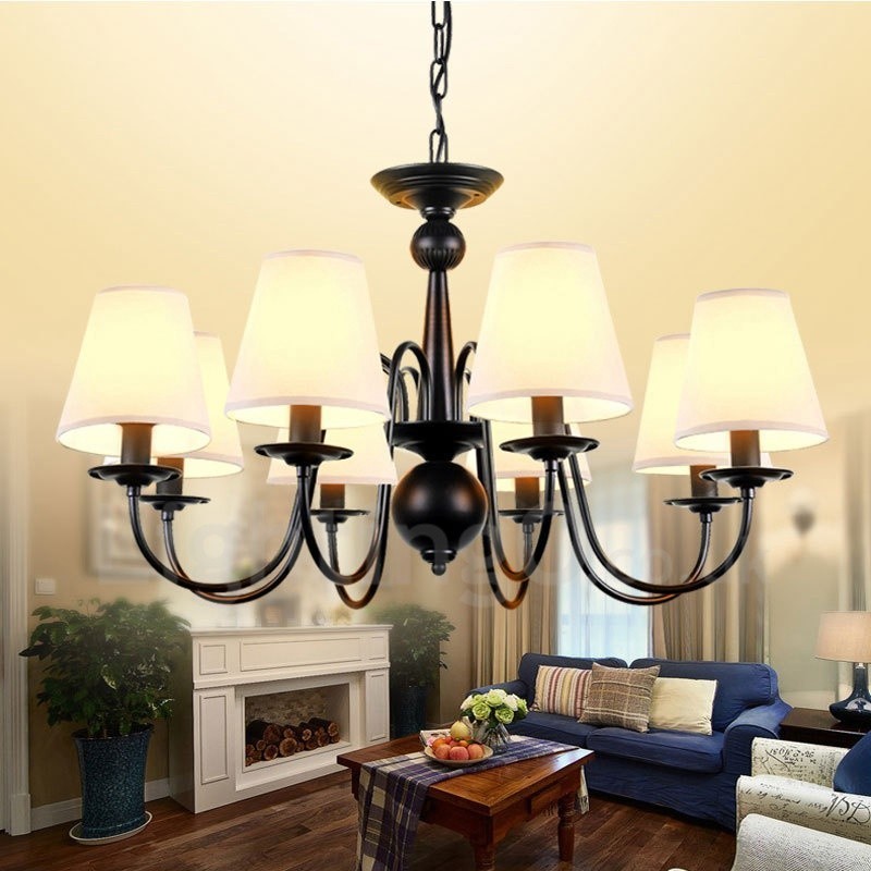 8 Light Rustic Lodge Integrated Metal Chandelier with Fabric Shade