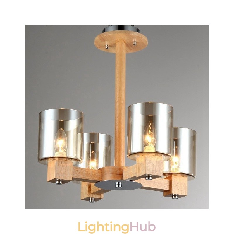 4 Light Wood Modern Contemporary Nordic style Chandelier with Glass Shade