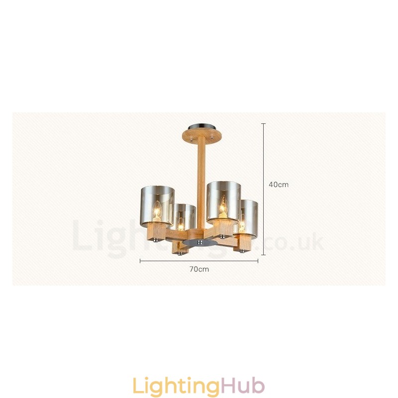 4 Light Wood Modern Contemporary Nordic style Chandelier with Glass Shade