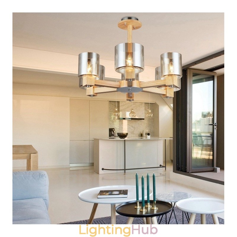 6 Light Wood Modern Contemporary Nordic style Chandelier with Glass Shade