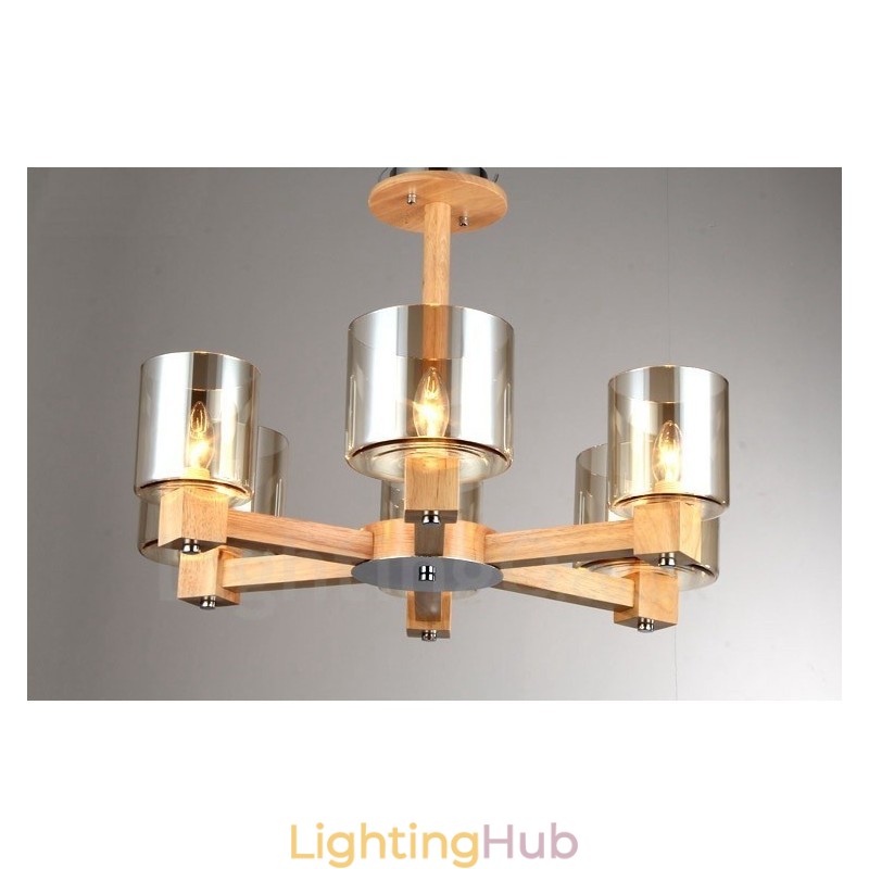 6 Light Wood Modern Contemporary Nordic style Chandelier with Glass Shade