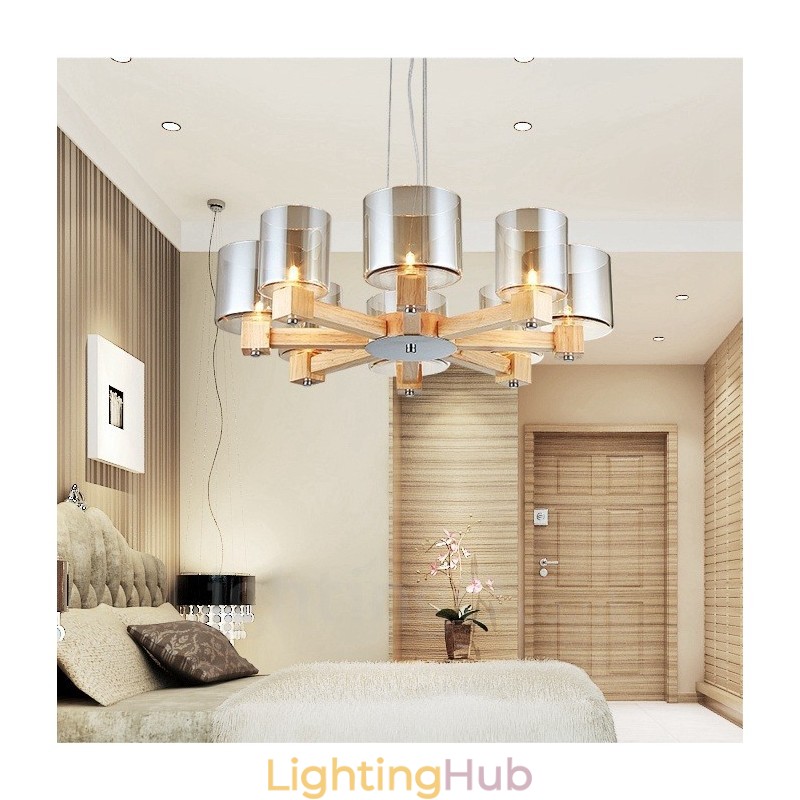 8 Light Wood Modern Contemporary Nordic style Chandelier with Glass Shade