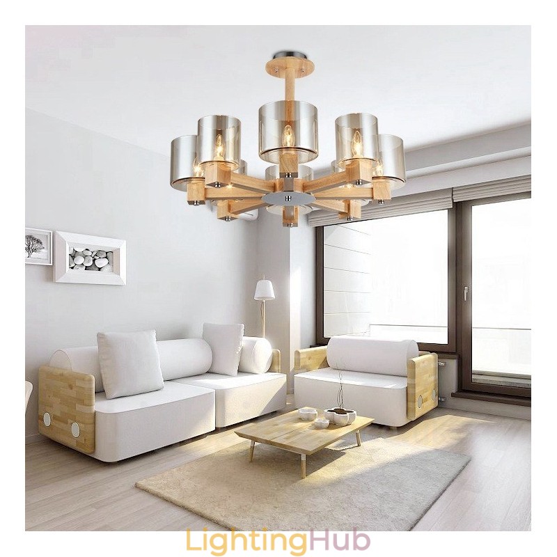8 Light Wood Modern Contemporary Nordic style Chandelier with Glass Shade