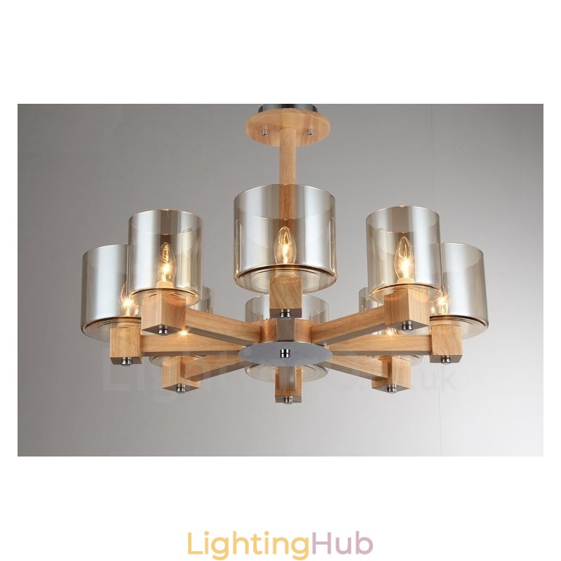 8 Light Wood Modern Contemporary Nordic style Chandelier with Glass Shade