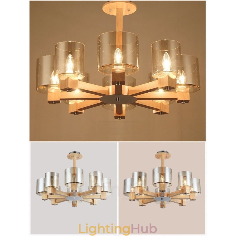 8 Light Wood Modern Contemporary Nordic style Chandelier with Glass Shade