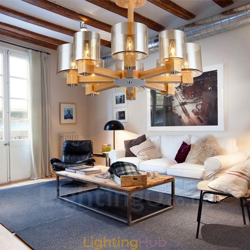 8 Light Wood Modern Contemporary Nordic style Chandelier with Glass Shade